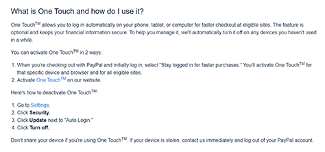 Instructions on using PayPal One Touch